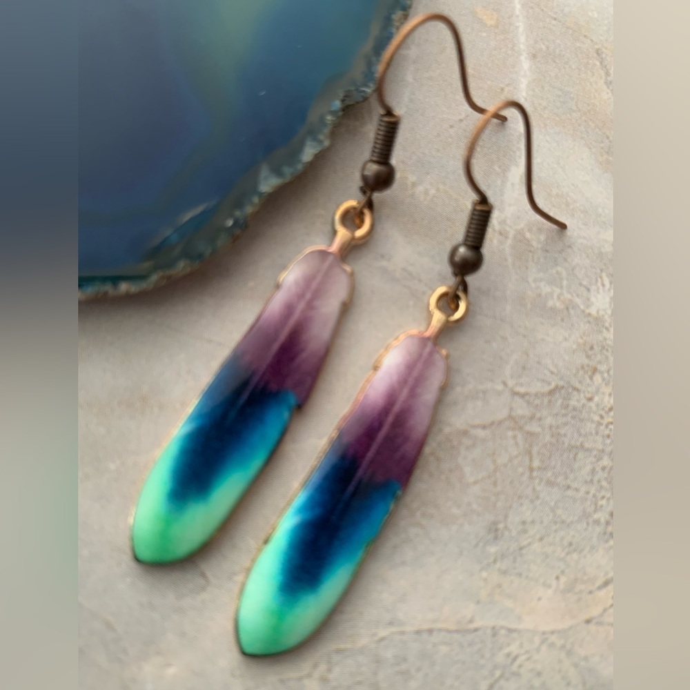 New Feather Earrings Ombre Purple Blue Turquoise